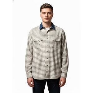 Vintage Panhandle Slim Shirt Men’s Large Western Plaid Denim Collar Cowboy Rodeo